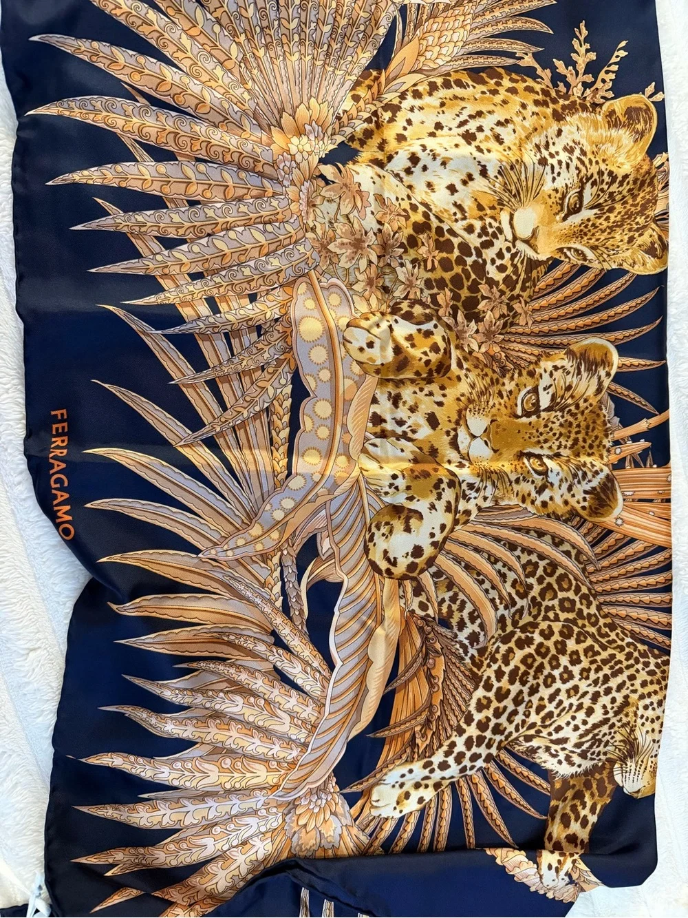 Salvatore Ferragamo Navy and Gold Printed Silk Scarf